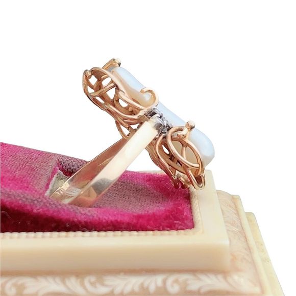 Vintage .585 14K Solid Yellow Gold Baroque Pearl & Diamond Estate Ring Sz 8.5 - Picture 7 of 12